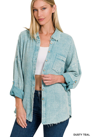 Dusty Teal Washed Gauze Button Down