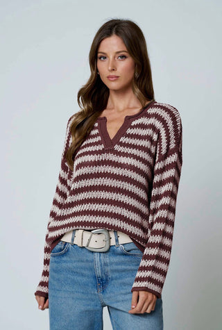 Burgundy Stripe Split Neck Sweater