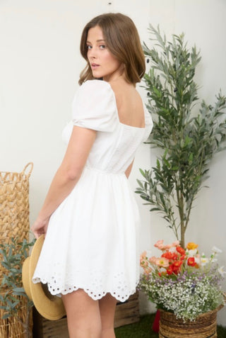 White Embroidered Scallop Trim Dress