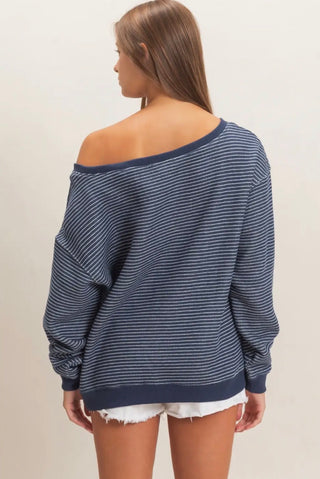 Navy Stripe Open Shoulder Top