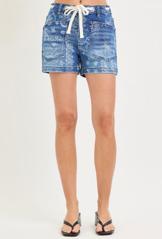 Dark Wash Paisley Print Denim Short