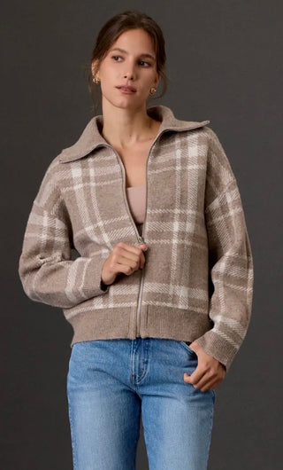 Taupe Plaid Zip Up Sweater