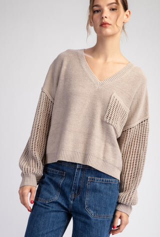 Oatmeal Crochet Sleeve Sweater