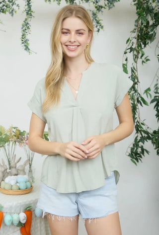 Sage Button Trim Linen Top