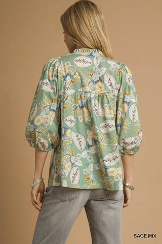 Sage Floral Smocked Blouse