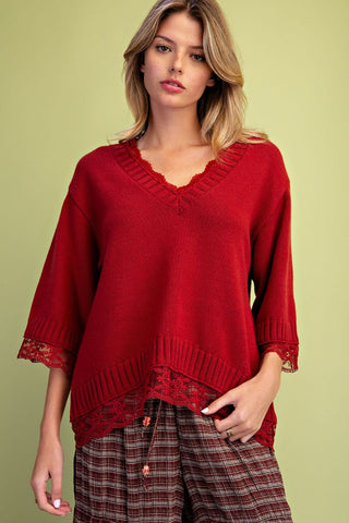 Burgundy Lace Hem Sweater