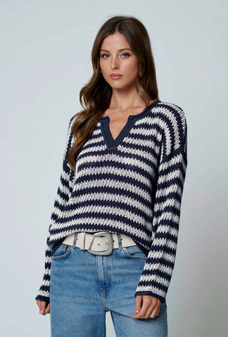 Navy Stripe Split Neck Sweater