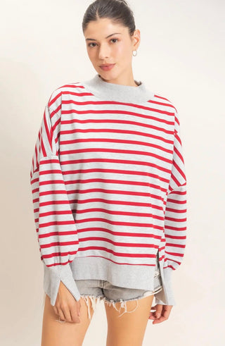 Red & Gray Stripe Mock-neck