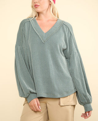 Curvy Teal Ribbed V-Neck Top