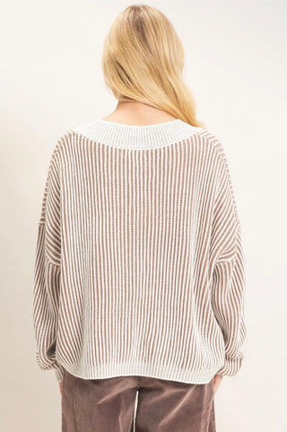 Taupe Ribbed V-Neck Sweater