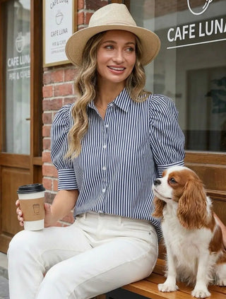 Navy Stripe Puff Sleeve Blouse