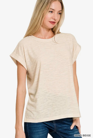 Sand Beige Rolled Sleeve Top