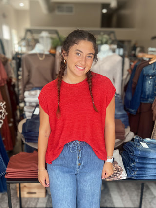 Red Crewneck Sleeveless Sweater