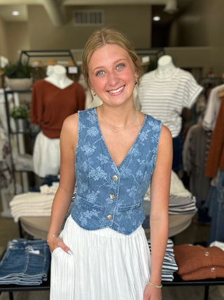 Denim Jacquard Floral Vest