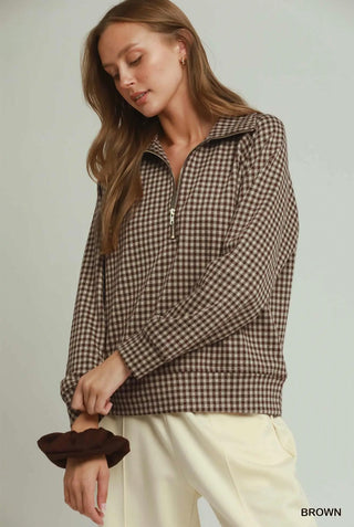Gingham Quarter Zip Pullover