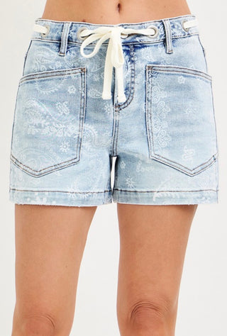 Light Wash Paisley Print Denim Short