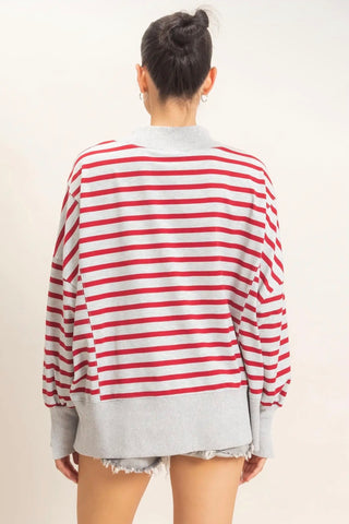 Red & Gray Stripe Mock-neck