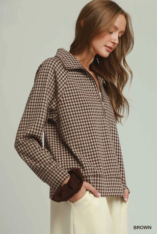 Gingham Quarter Zip Pullover