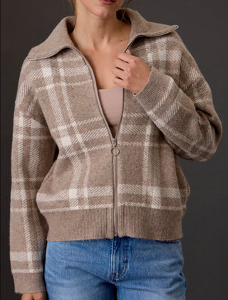 Taupe Plaid Zip Up Sweater