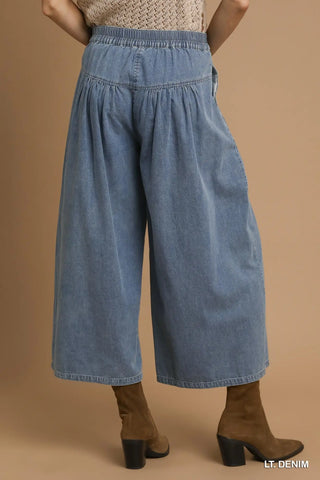 Denim Pleated Wide Leg Pant