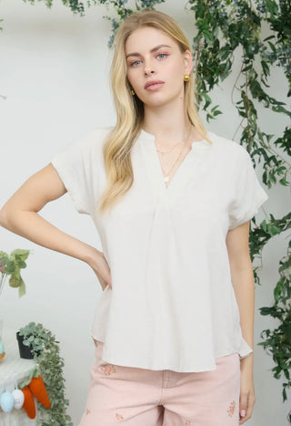 Natural Button Trim Linen Top