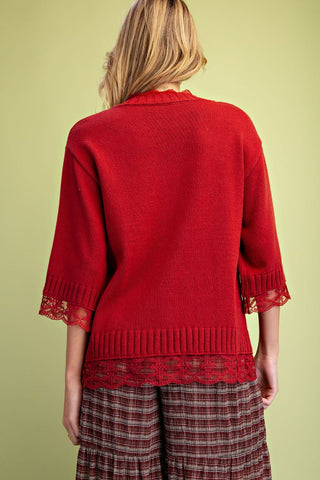 Burgundy Lace Hem Sweater
