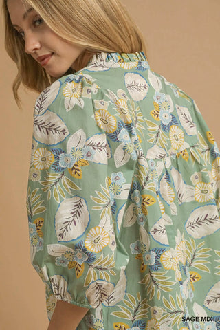 Sage Floral Smocked Blouse