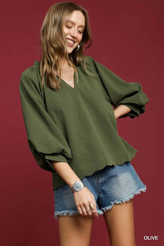 Olive Split Neck Blouse