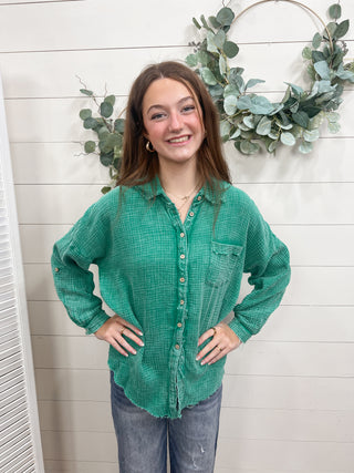 Kelly Green Washed Gauze Button Down