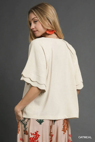 Oatmeal Scallop Linen Blouse