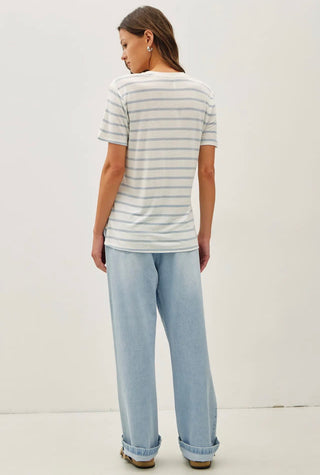 Blue Linen Blend Stripe V-Neck