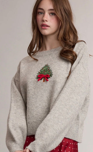 Grey Embroidered Tree Sweater