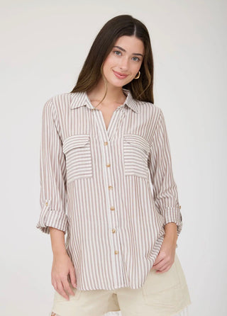 Mocha Lightweight Striped Button Down