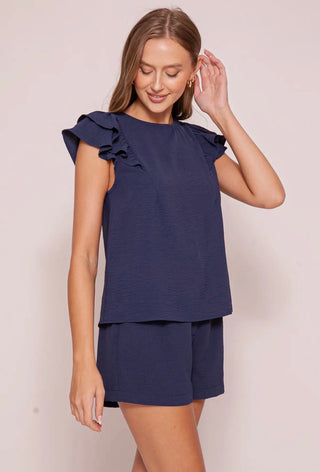 Navy Ruffle Trim Top