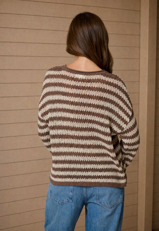 Mocha Stripe Split Neck Sweater
