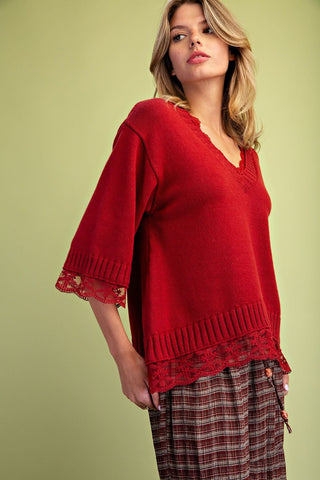 Burgundy Lace Hem Sweater