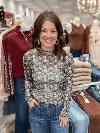 Navy Floral Sheer Top