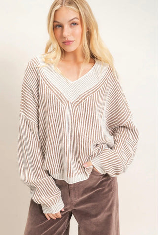 Taupe Ribbed V-Neck Sweater