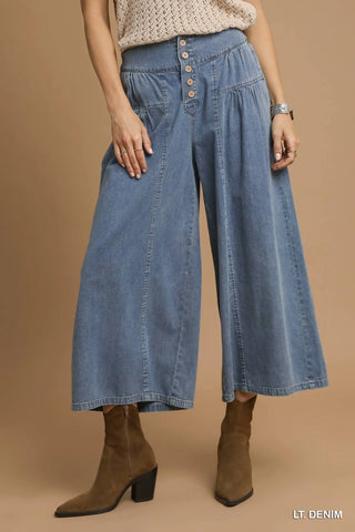 Denim Pleated Wide Leg Pant