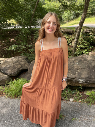 Rust Tiered Midi Dress