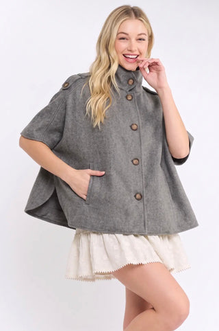 Grey Wool Blend Cape Jacket
