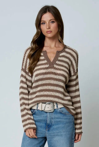 Mocha Stripe Split Neck Sweater