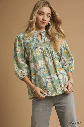 Sage Floral Smocked Blouse
