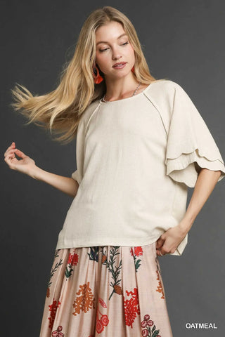 Oatmeal Scallop Linen Blouse