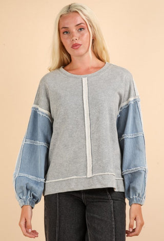 Acid Wash Denim Sleeve Pullover