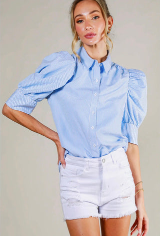 Blue Stripe Puff Sleeve Blouse