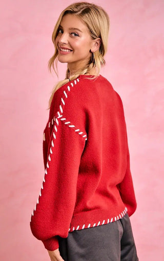 Red Contrast Stitch Gameday Sweater