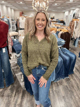 Olive Distressed V-Neck Sweater