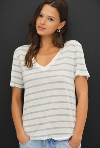 Blue Linen Blend Stripe V-Neck