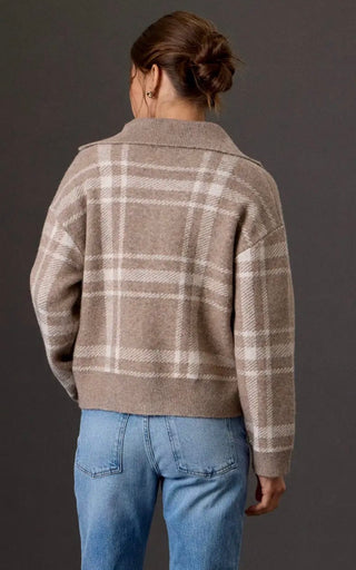 Taupe Plaid Zip Up Sweater